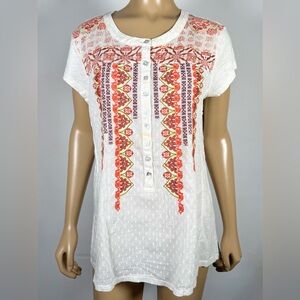 Sundance Catalog Women’s Size Large Embroidered Partial Button Front Top